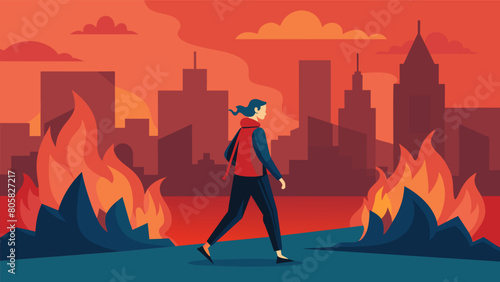 A person walking away from a burning city representing the stoic ability to detach from external circumstances.. Vector illustration