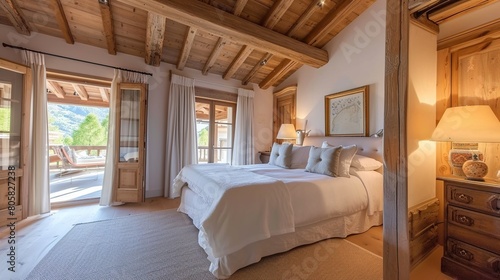 Light bedroom with wooden ceiling and large bed . Generative Ai © Kharismafajar