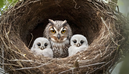 a mother owl with her owlets in a cozy nest upscaled 5 photo