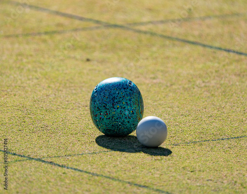 Lawn bowling balls on a green, showing a ball next to the white Jack ball.