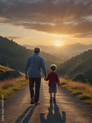 Father walking with his son r along a quiet mountain road as the sun rises