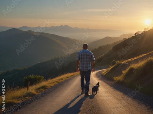 Father walking with his son r along a quiet mountain road as the sun rises