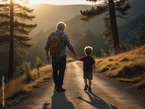 Father walking with his son r along a quiet mountain road as the sun rises