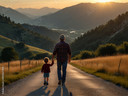 Father walking with his son r along a quiet mountain road as the sun rises
