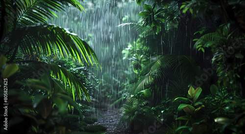 A dense jungle with heavy rain