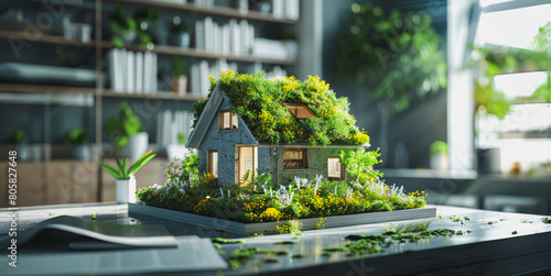 A small house with a green roof and a garden on top of it