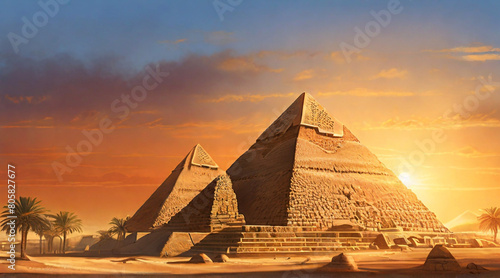 A realistic and detailed depiction of the Great Pyramids of Egypt at sunset.