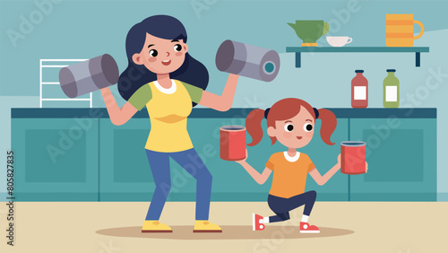 A mother and daughter using cans of soup as makeshift weights in their small kitchen.. Vector illustration