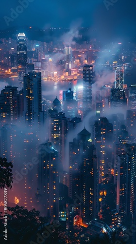 an image of billowing smoke enveloping a bustling cityscape  showcasing the contrast between the dark fumes and the bright city lights