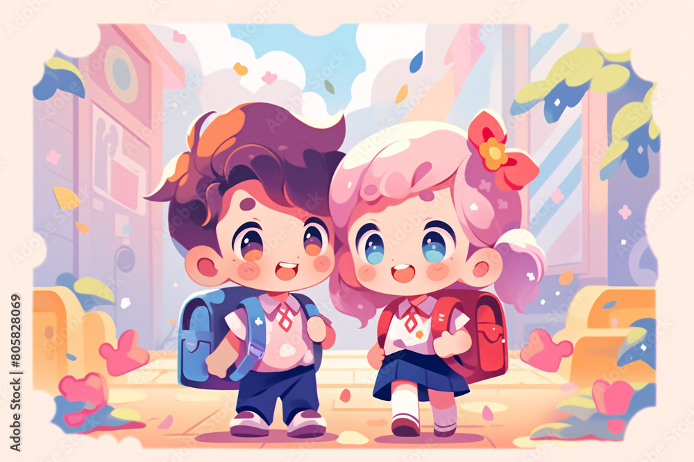 Fototapeta premium Educational illustration of students carrying backpacks back to school during the beginning of school season, educational learning concept illustration