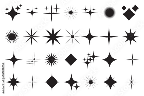 Twinkle stars collection. Set of black stars. Set of star sparkling and twinkling cartoon. Vector illustration. Isolated on white background. shining star icons, abstract sparkle black silhouettes.