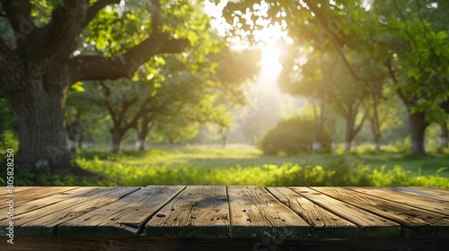 A wooden table on a farm showcasing various products against a natural backdrop of grass, trees, and morning sunlight.