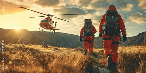 Two rescue workers equipped with safety gear and climbing tools rushing to a helicopter for an emergency medical mission. Themes of saving, assistance, and optimism. photo