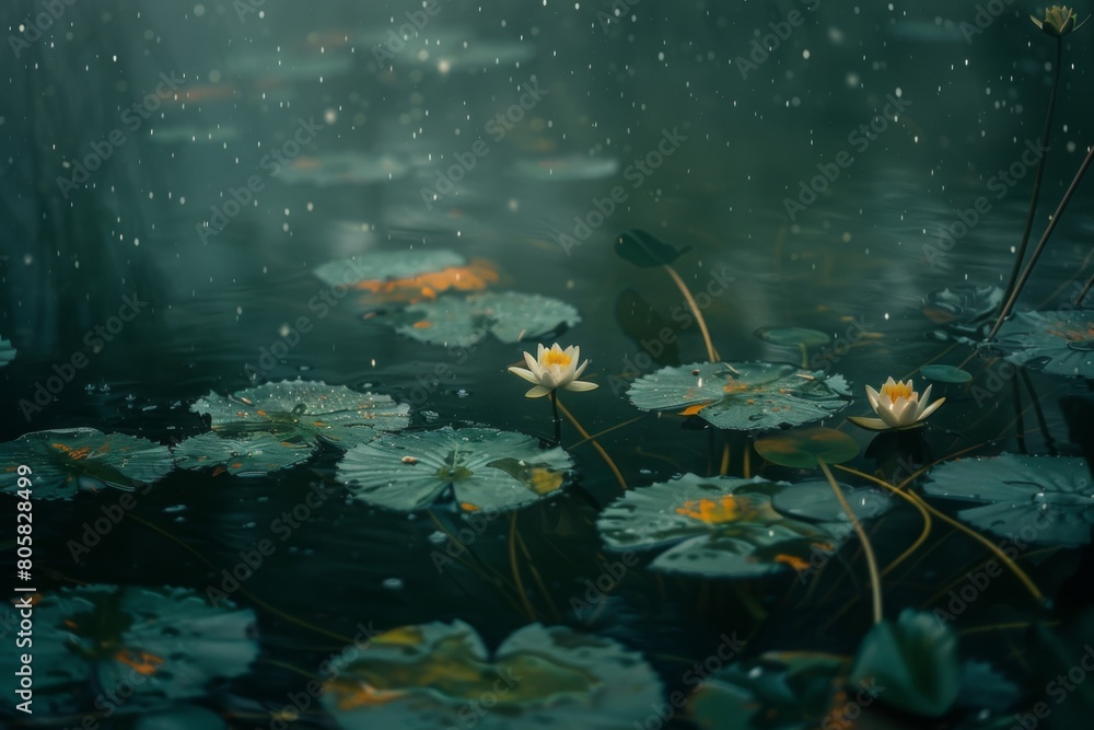 A pond with a few lilies floating on the surface