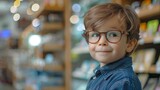 Portrait of a young boy wearing glasses in a optician shop , happy toddler seeing properly for the first time with his corrective eyeglasses hyper realistic 