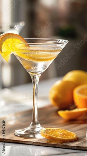 Delicious Martini alcoholic cocktail with one slice of orange under the sun light, soft focus.