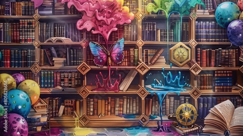 Literary scene, ink-like liquids, hexagonal bookshelf patterns, and scholarly butterfly.