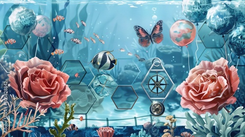 Aquarium with marine life, tank hexagons, an aquatic butterfly, ocean compass, and reef-themed balloons.