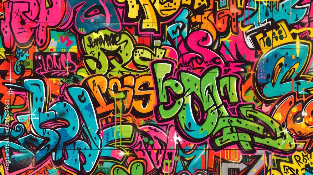 Seamless pattern background of Urban Graffiti Art with colorful tags, and street murals inspired by urban street culture and contemporary art movements, capturing energy and creativity of street art