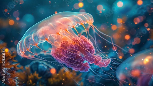 An ethereal creature, part jellyfish, part bird, floating gracefully in an underwater forest of glowing coral A mesmerizing blend of biology and artistry Photography, golden hour, lens flare