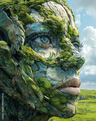 Capture the intricate details of a towering, imposing figure in stunning photorealistic detail using digital rendering techniques Show the envy in their eyes, reflecting the grassy landscape below in