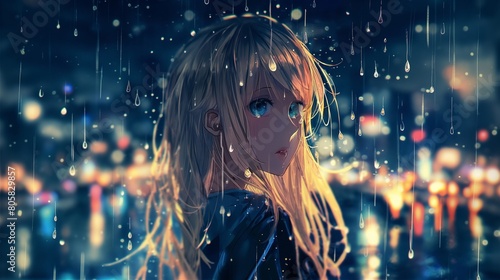 anime girl with red and bluish shaded eye with blonde red long and pretty hair abstract anime girl standing in the rain with umbrella . cuteness and beauty is overloaded very awesome anime girls