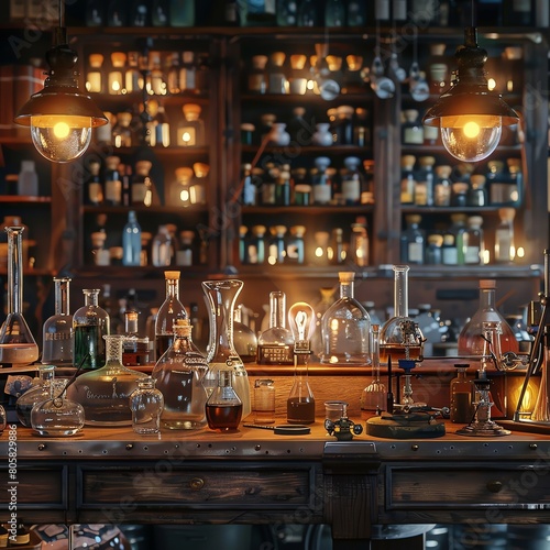 digital 3D rendering of a high-angle shot of a vintage science lab with intricate glassware  antique instruments  and warm  inviting lighting for a nostalgic feel
