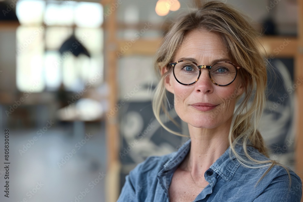 A female architect wearing stylish glasses elegantly poses in a modern office space with blurred background architecture. A female architect wearing stylish glasses elegantly poses in a modern office space with blurred background architecture.