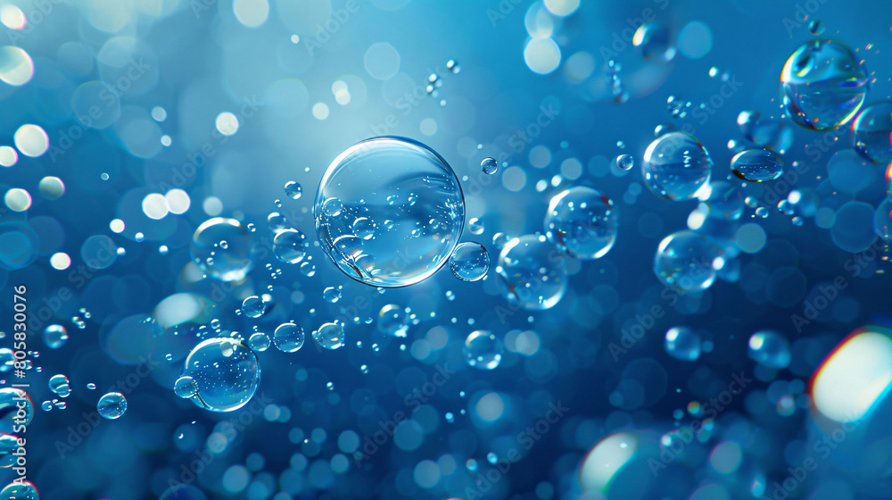 Molecules inside liquid bubbles on water background, cosmetic essence, cosmetic spa medical skin care, 3d illustration