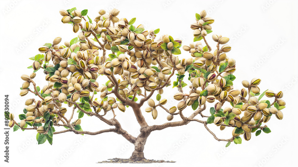 Illustration of a densely fruiting pistachio tree, branches laden with clusters of ripe, open pistachios, against a stark white background.