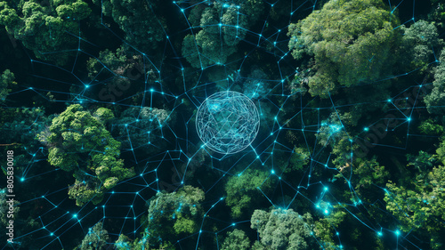 Aerial view of a forest overlaid with a futuristic network of glowing blue lines and nodes, representing digital connectivity and nature's network.