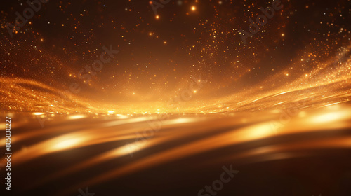 Dark abstract background with golden waves and particles