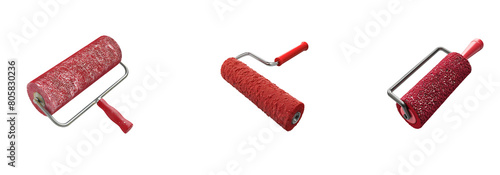 Red Wall Painted Roller or roller brush set on transparent background cutout, PNG file. 