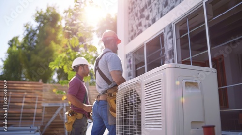 Technicians Installing Air Source Heat Pump Outdoors hyper realistic 