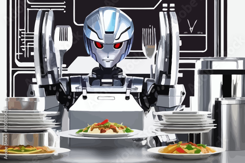 Robot waiter typically have tray serving illustration