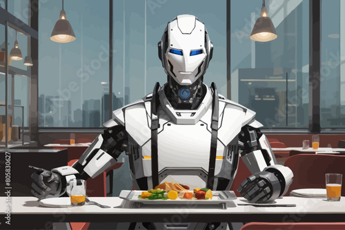 Robot waiter typically have tray serving illustration