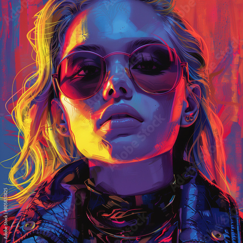 Cyberpunk woman with blonde hair and reflective sunglasses in neon light