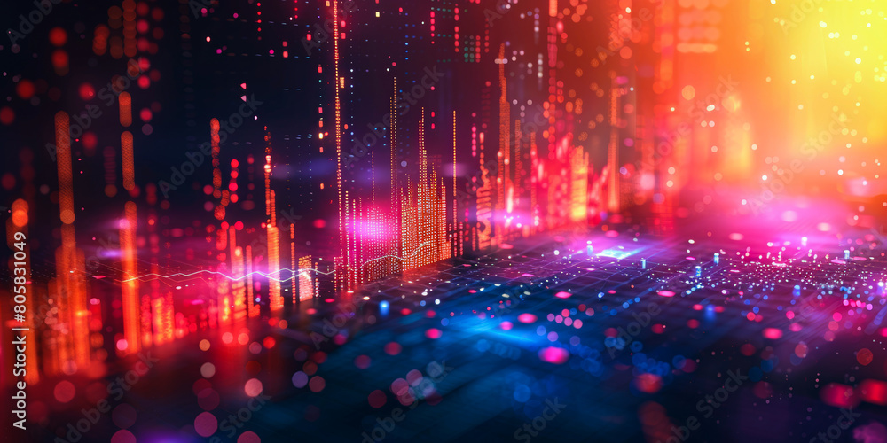 Obraz premium A colorful, abstract image of a cityscape with bright lights and a blue sky