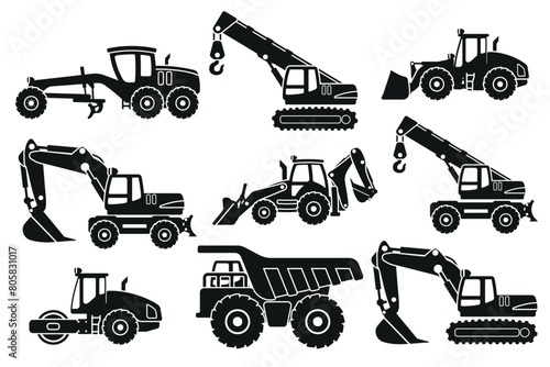Set of heavy machinery silhouettes for construction and mining, motor grader, backhoe, telescopic crane wheels, mining truck, telescopic crane, excavator, front loader and soil compactor