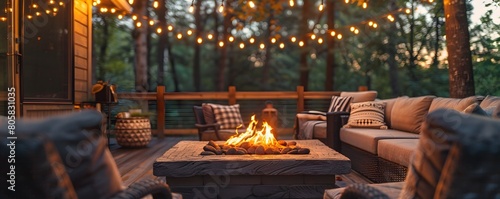 Cozy Outdoor Patio with Fireplace and String Lights for Intimate Evening Gatherings in a Rustic Home Decor Setting photo