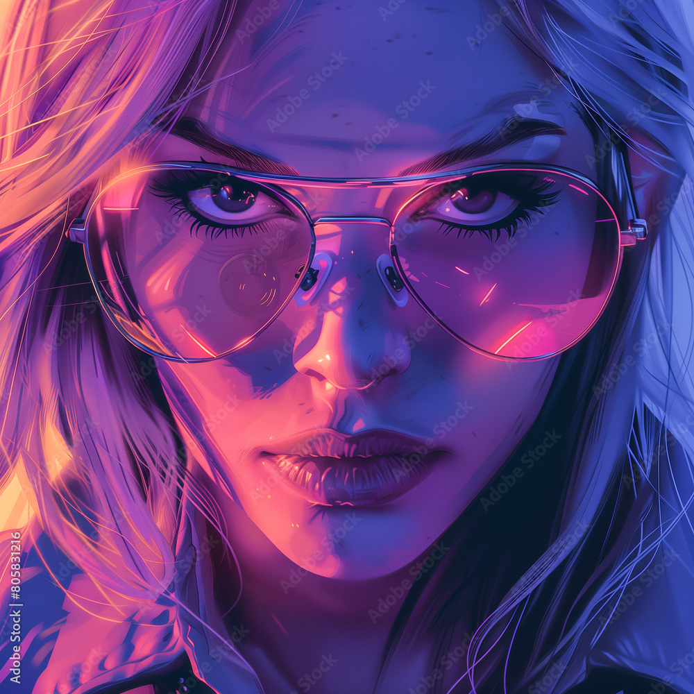 Stylized portrait of a woman with sunglasses in neon lighting Stylized portrait of a woman with sunglasses in neon lighting