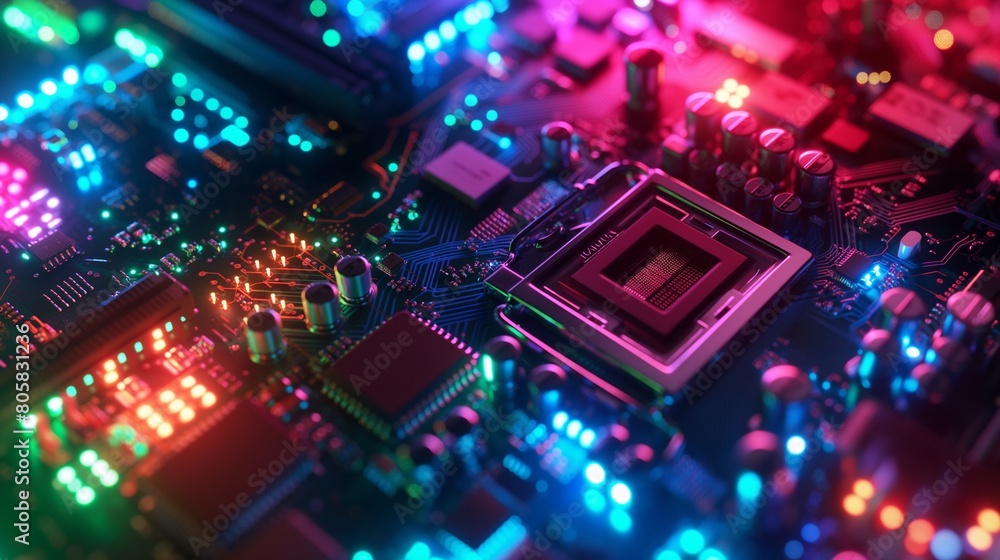 the integration of LED lights around the processor, serving both aesthetic and functional purposes. The glowing lights not only add visual appeal but also indicate activity or performance levels. the integration of LED lights around the processor, serving both aesthetic and functional purposes. The glowing lights not only add visual appeal but also indicate activity or performance levels.