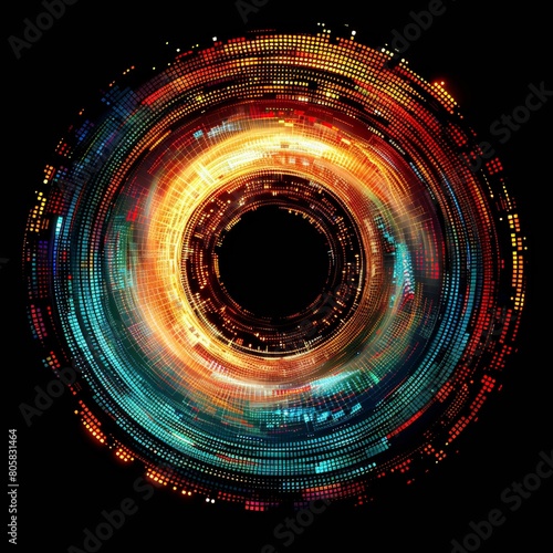 An enthralling vortex of glitched pixels in a circular design makes for a captivating and dynamic visual that can evoke a feeling of vibrancy and motion. AI designed.
