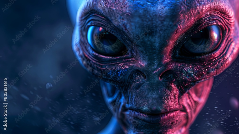 Close-up of an intense extraterrestrial face with striking eyes Close-up of an intense extraterrestrial face with striking eyes