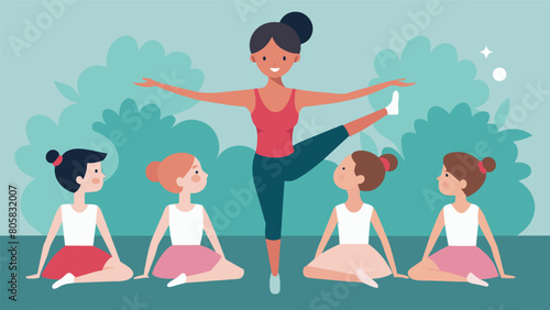 A seasoned ballerina turned instructor patiently guides her students through the basics always emphasizing proper form and technique.. Vector illustration