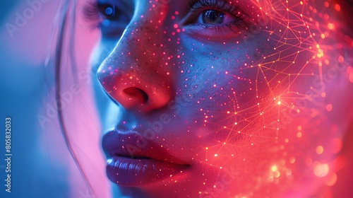 Beautiful human, closeup, with glowing neural links, softfocus, on a vibrant pinkblue gradient