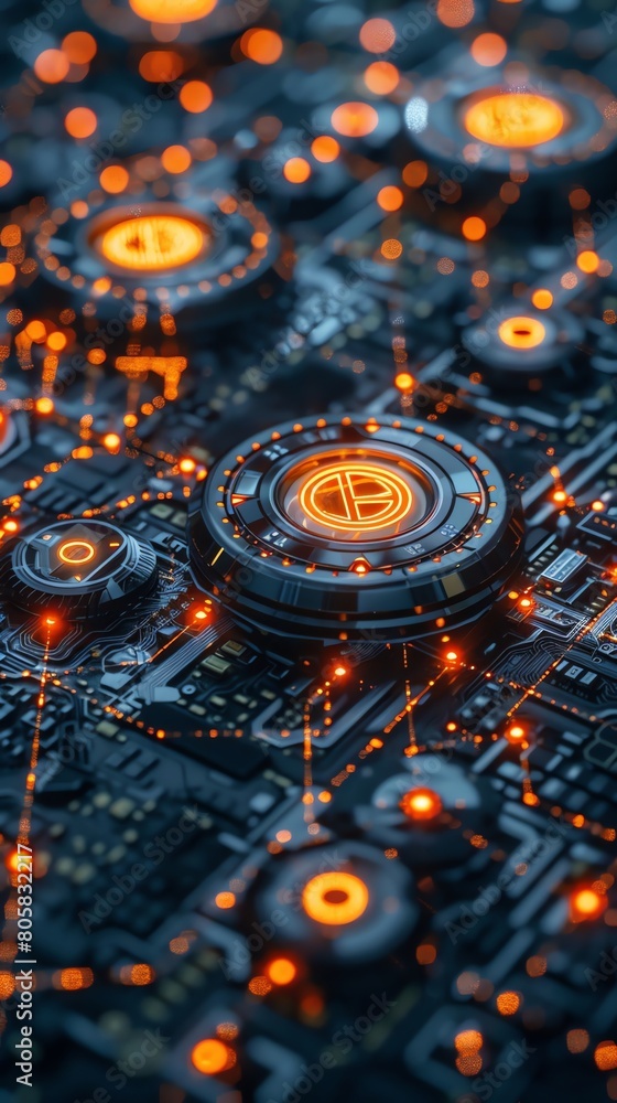 Fototapeta premium Digital crypto planet, eyelevel, neon blockchain links, sharp focus, business in cyber Earth