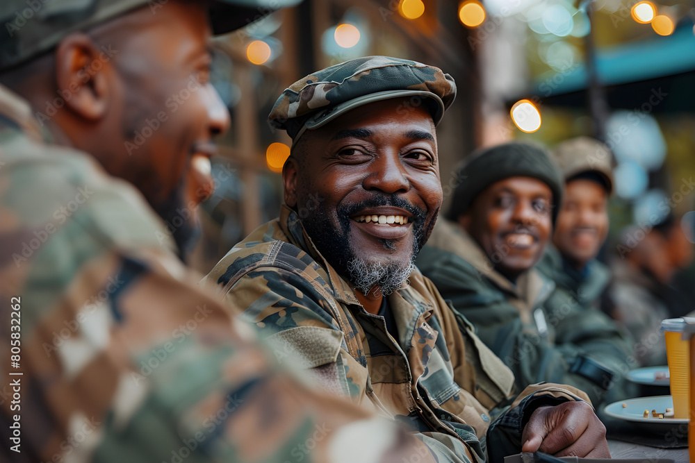 A group of happy African American military men sharing memories and talking about service on a sunny day in a street cafe, celebrating remembrance and independence day.