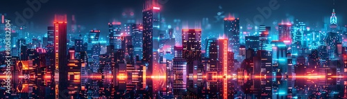 Digital city glow  eyelevel  with app development holograms  sharp focus  smart life concept