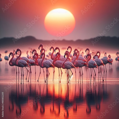 A group of pink flamingos stand in the water at sunset